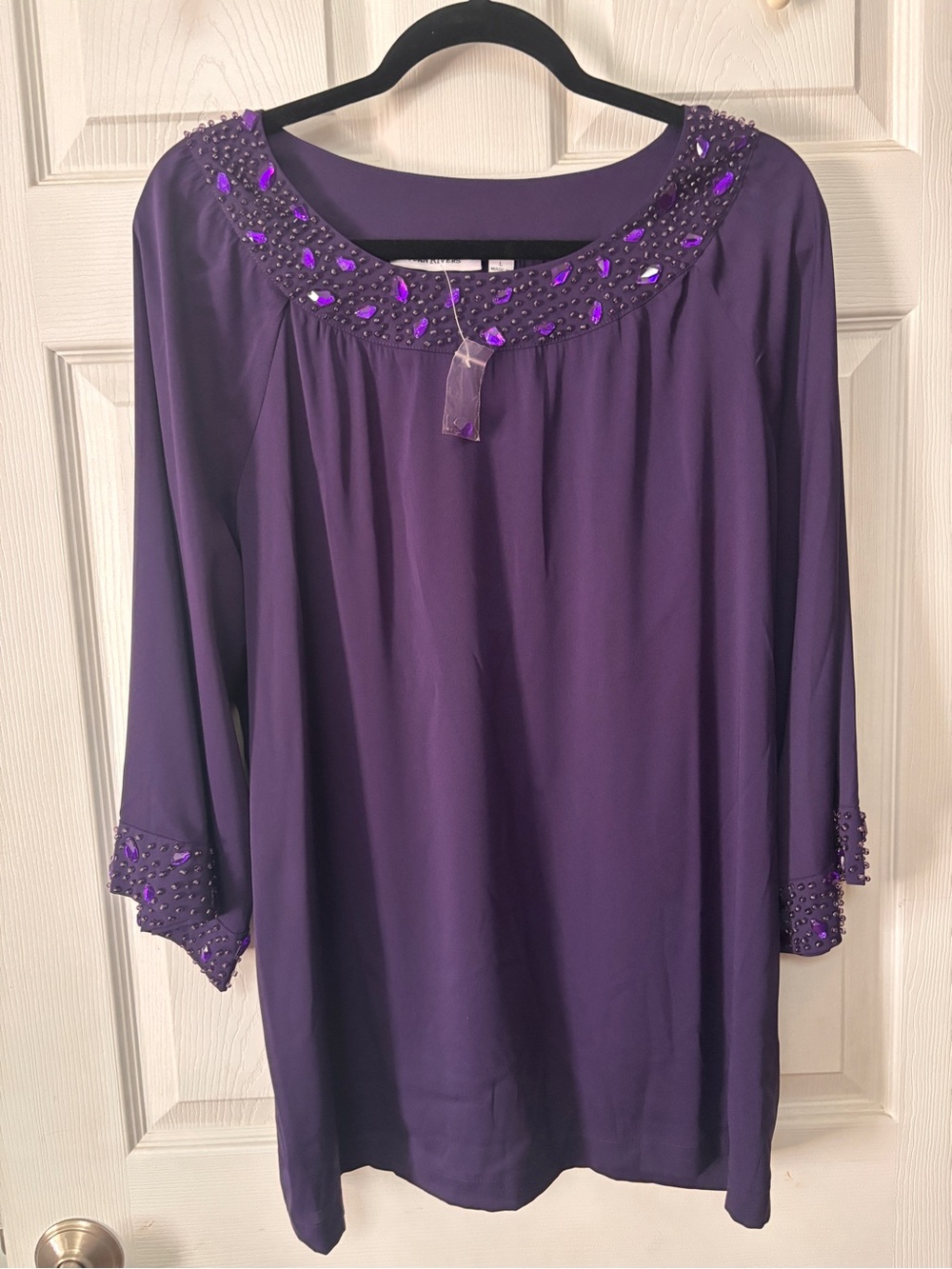 Joan Rivers Purple Beaded Blouse Round Beaded Neckline Sz Lg Beaded Sleeve Cuff
